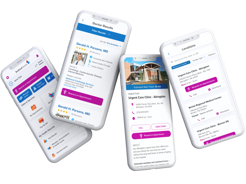 Home page, physician profile, and location pages from Ballad Healths mobile app on mobile devices