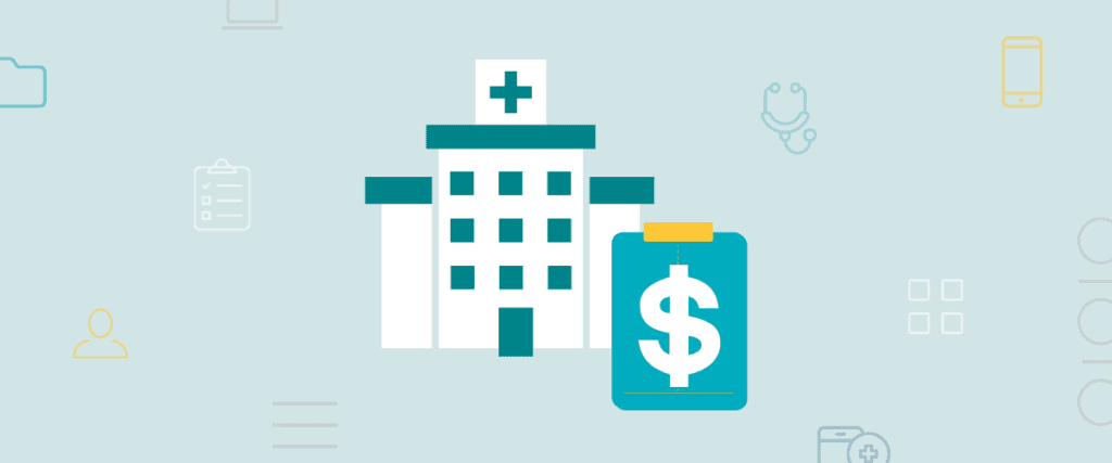 hospital and clipboard with money sign 