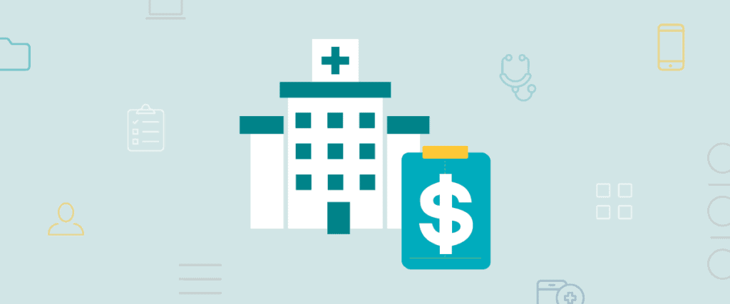 hospital and clipboard with money sign