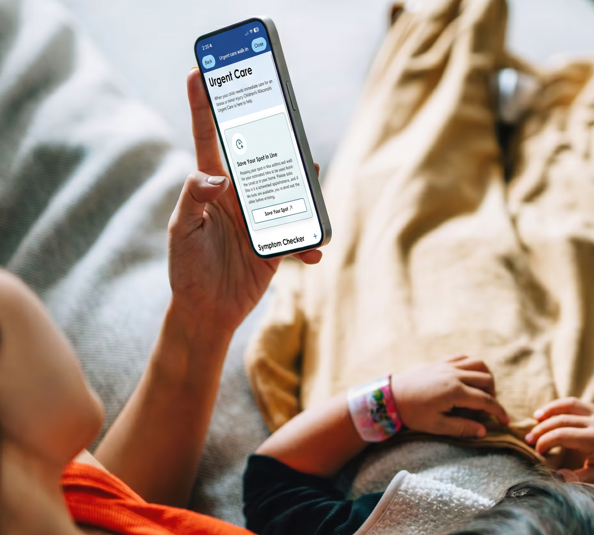 Mother looking at urgent care options in Children's Wisconsin App