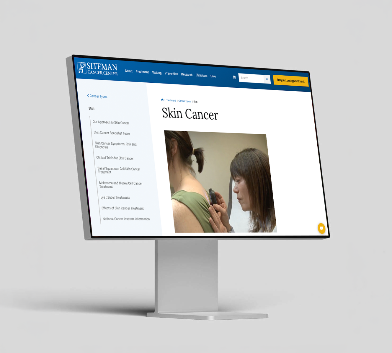 siteman cancer center conditions page on website via desktop