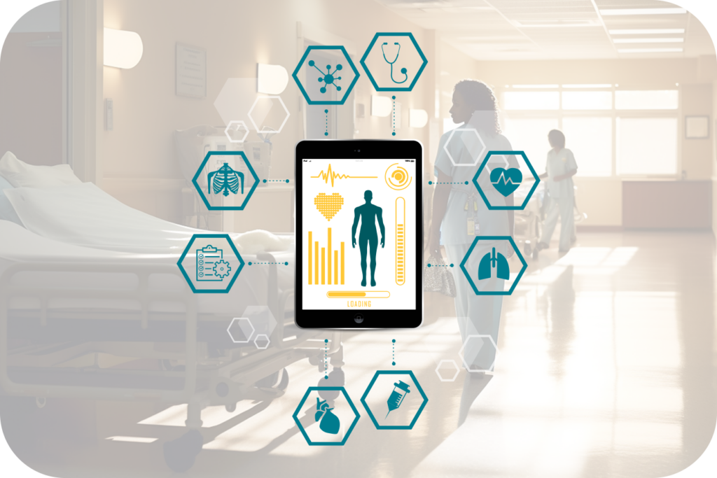 image of a digital health tool and icons that represent different functions of health services 