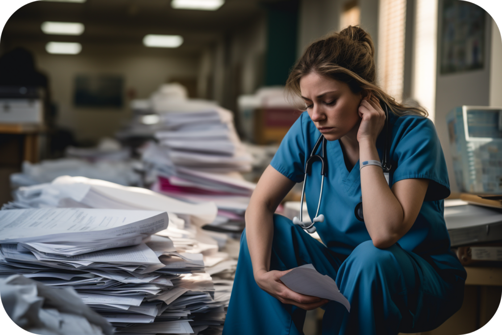 image of nurse experiencing burnout while surrounded by piles of paperwork 