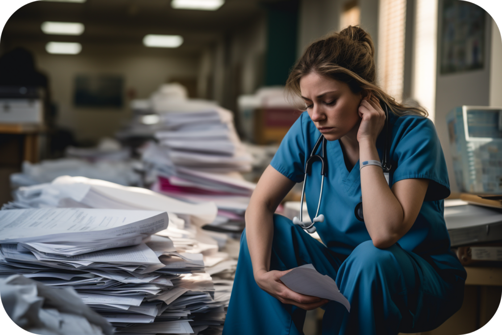 image of nurse experiencing burnout while surrounded by piles of paperwork