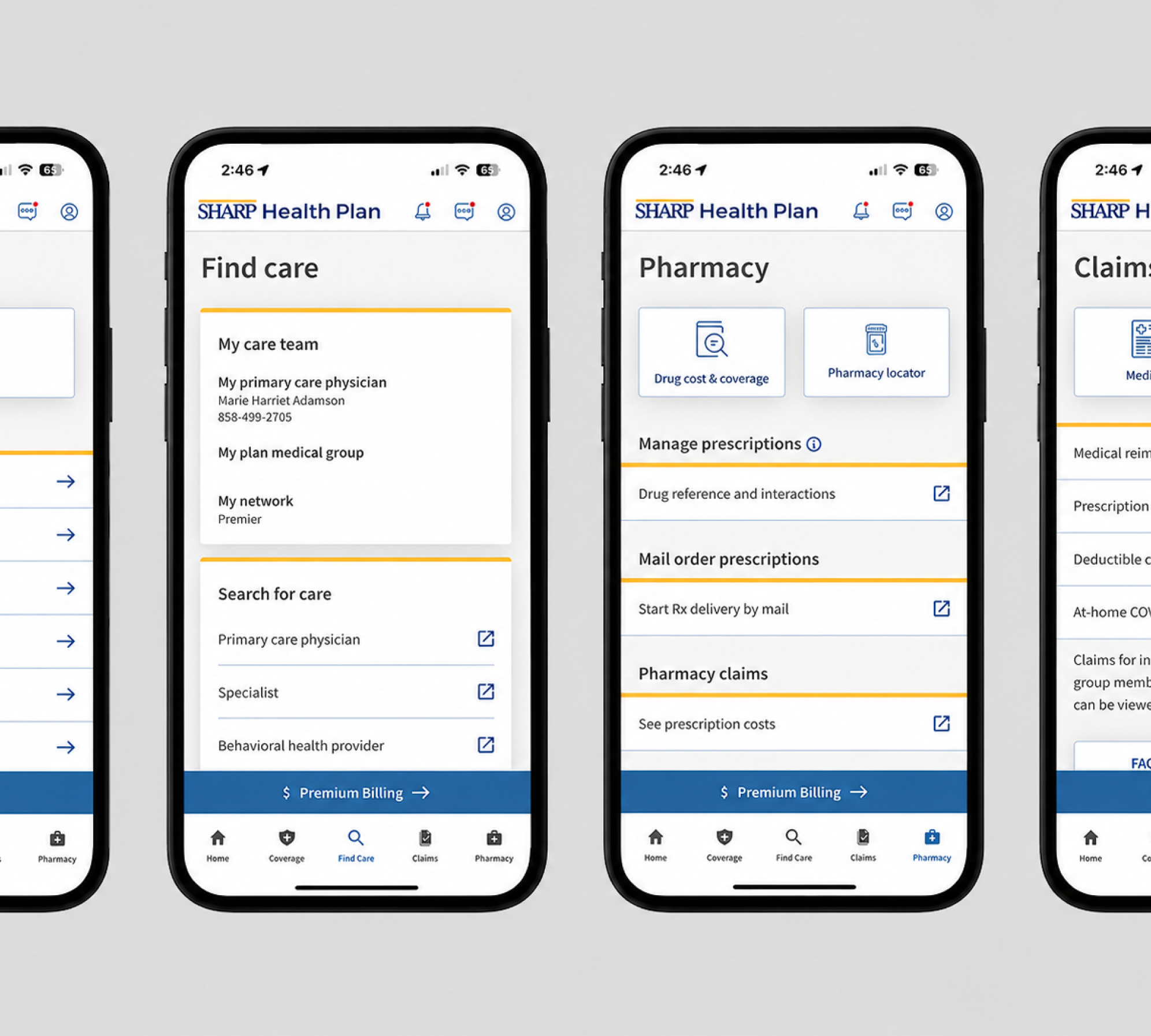view the different pages of sharp health plan's mobile app and portal