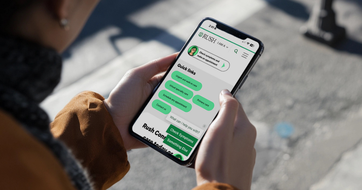 Person holding a phone with a chatbot display, paired with text: "AI in Healthcare Marketing: What to Do Now."