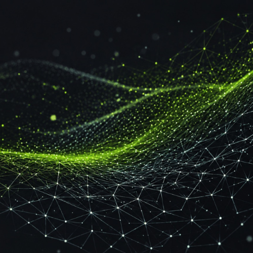 Abstract digital network landscape with interconnected nodes and flowing data patterns in lime green and slate gray.
