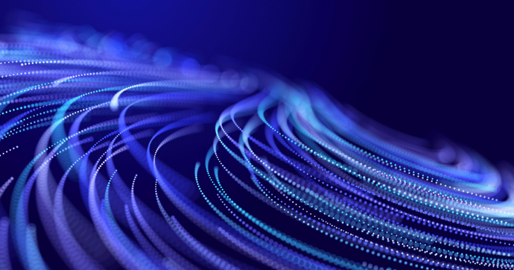 Abstract digital network of interconnected nodes and data pathways on a blue background.