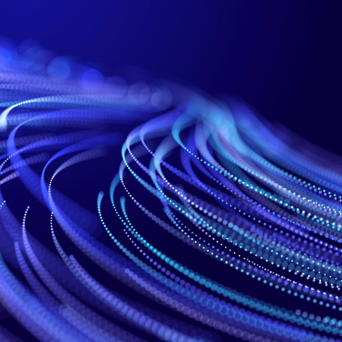 Abstract digital network of interconnected nodes and data pathways on a blue background.