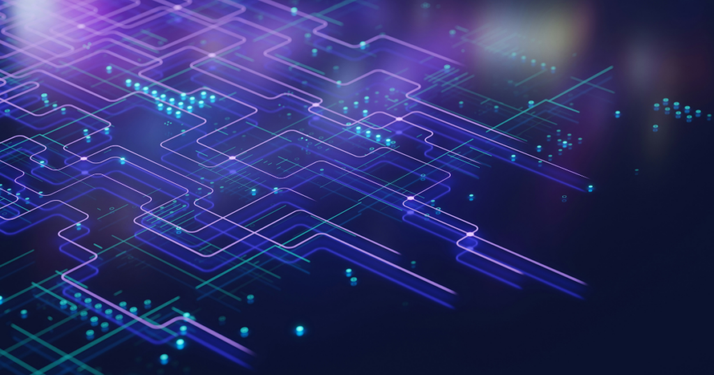 Abstract illustration of interconnected digital networks representing healthcare digital infrastructure and connected systems.